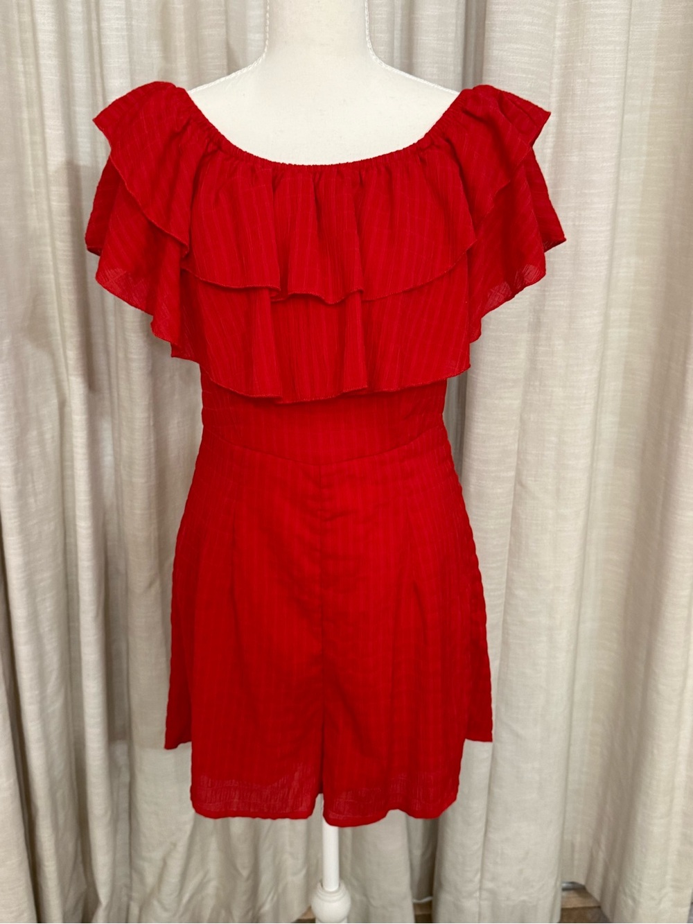 Red Ruffled Off-Shoulder Romper - Picture 2 of 6